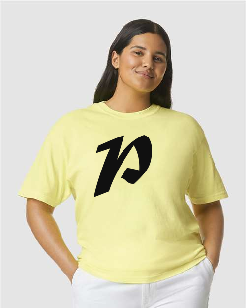Alphabet P T-Shirt 9 inch calligraphy Black ink, Neon Lemon