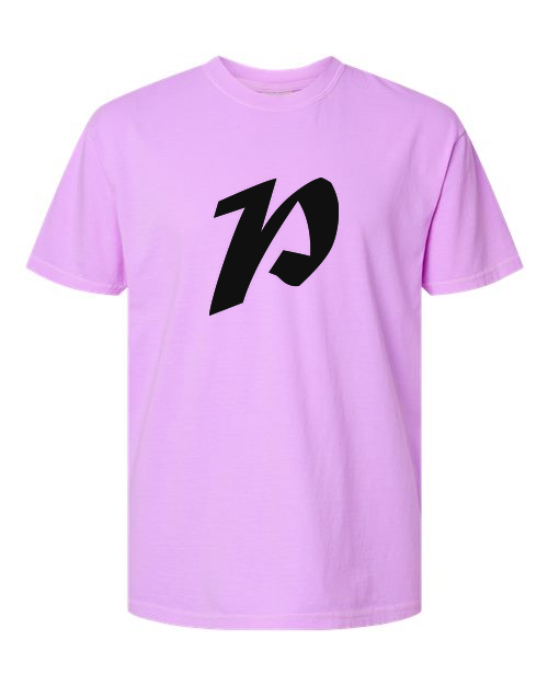 Alphabet P T-Shirt 9 inch calligraphy Black ink, Neon Violet