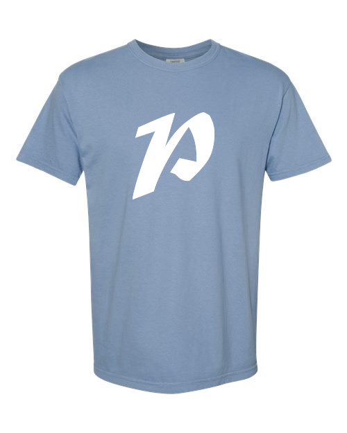 Alphabet P T-Shirt 9 inch calligraphy White ink, Washed Denim