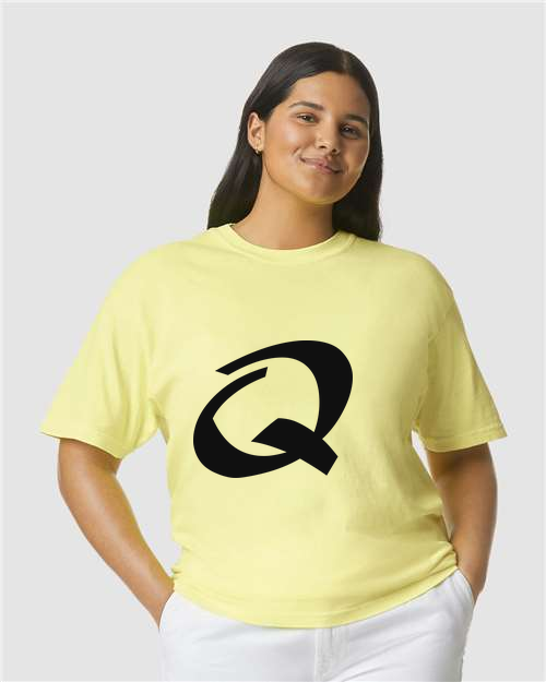 Alphabet Q T-Shirt 9 inch calligraphy Black ink, Neon Lemon