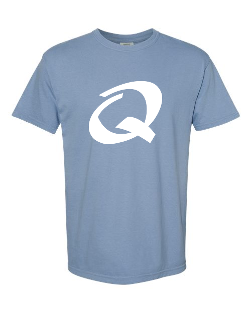 Alphabet Q T-Shirt 9 inch calligraphy White ink, Washed Denim