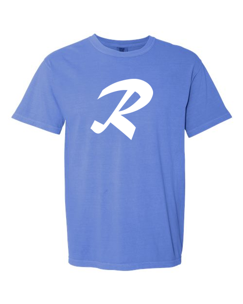 Alphabet R T-Shirt 9 inch calligraphy White ink, Flo Blue
