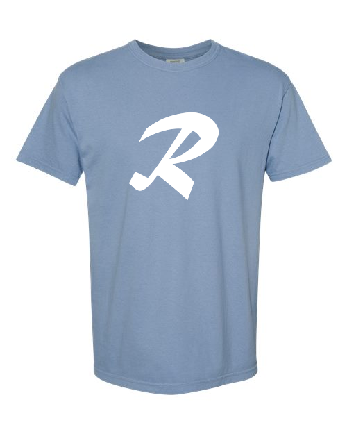 Alphabet R T-Shirt 9 inch calligraphy White ink, Washed Denim