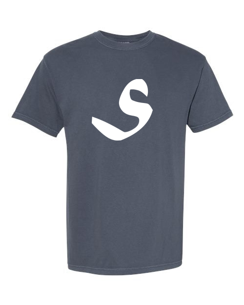 Alphabet S T-Shirt 9 inch calligraphy White ink, Denim
