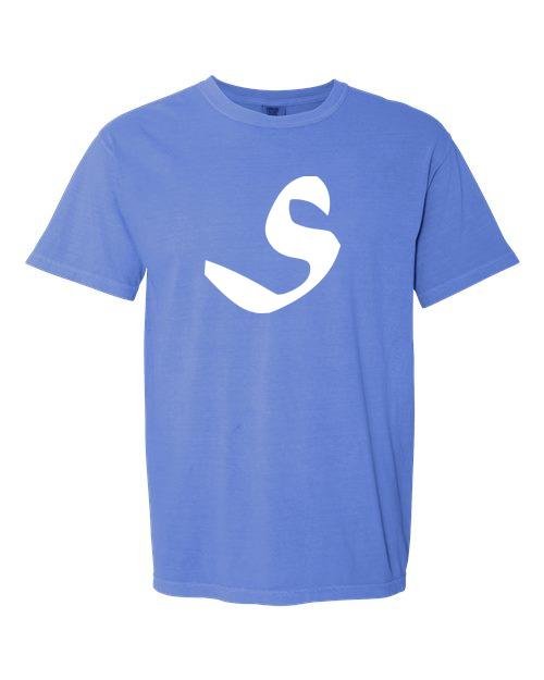 Alphabet S T-Shirt 9 inch calligraphy White ink, Flo Blue