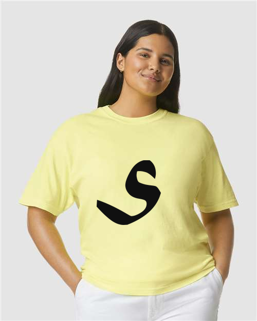 Alphabet S T-Shirt 9 inch calligraphy Black ink, Neon Lemon