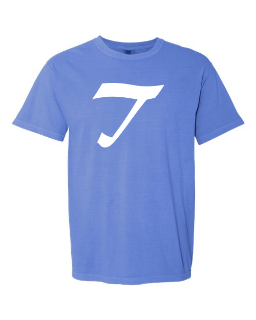Alphabet T T-Shirt 9 inch calligraphy White ink, Flo Blue