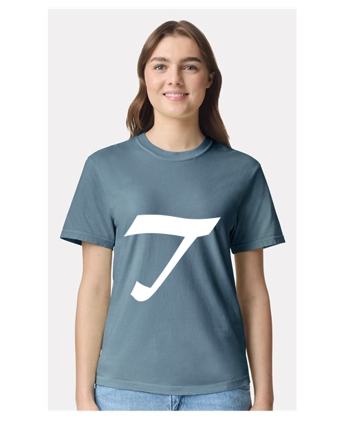 Alphabet T T-Shirt 9 inch calligraphy White ink, Ice Blue