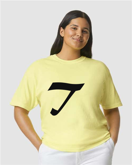 Alphabet T T-Shirt 9 inch calligraphy Black ink, Neon Lemon