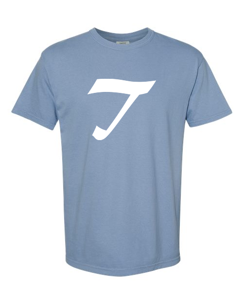 Alphabet T T-Shirt 9 inch calligraphy White ink, Washed Denim
