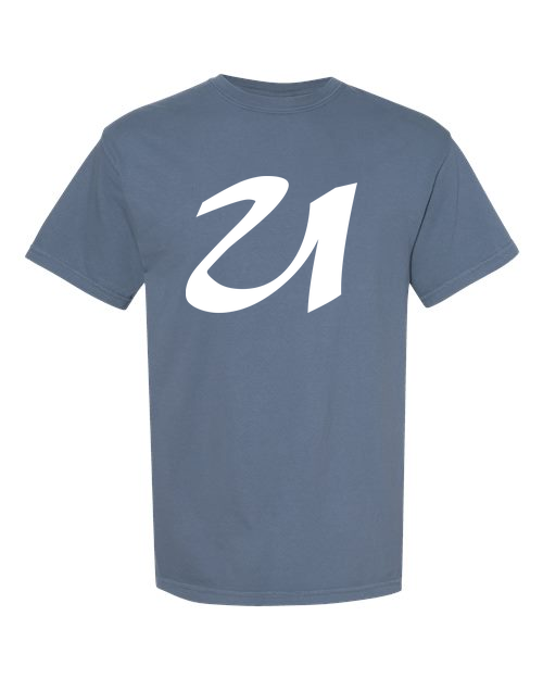 Alphabet U T-Shirt 9 inch calligraphy White ink, Blue Jean