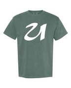 Alphabet U T-Shirt 9 inch calligraphy White ink, Blue Spruce