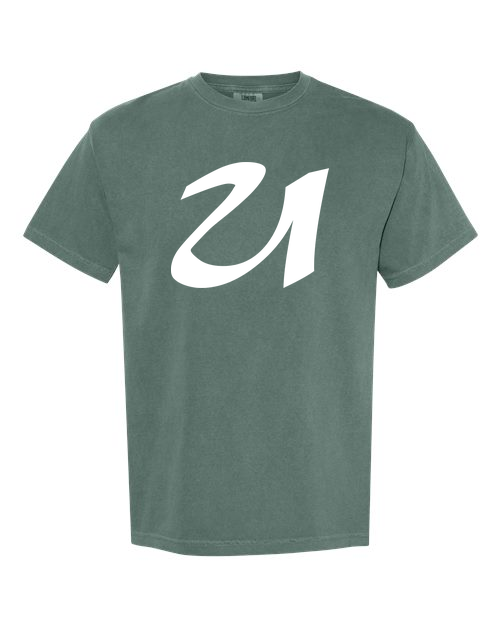 Alphabet U T-Shirt 9 inch calligraphy White ink, Blue Spruce