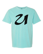 Alphabet U T-Shirt 9 inch calligraphy Black ink, Chalky Mint