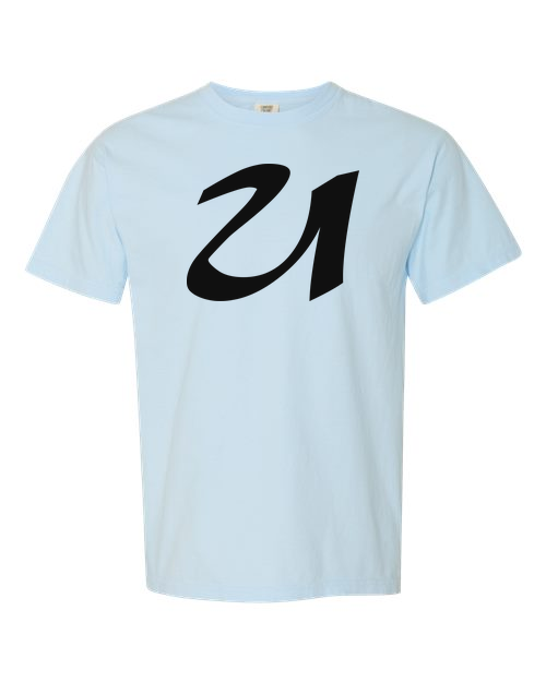 Alphabet U T-Shirt 9 inch calligraphy Black ink, Chambray