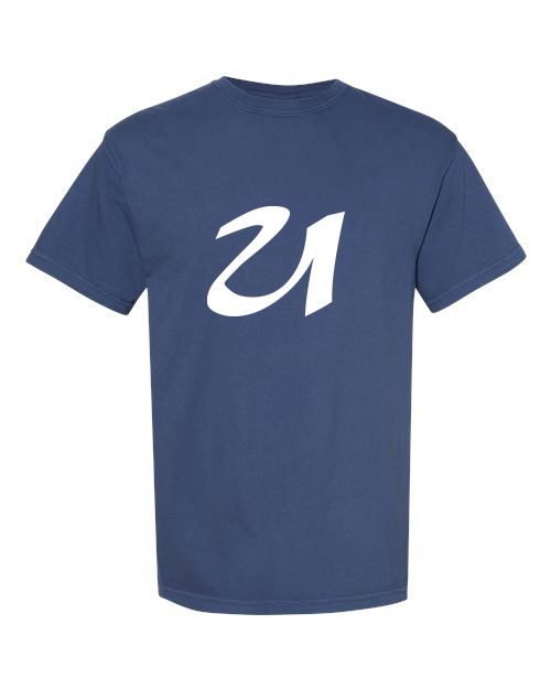 Alphabet U T-Shirt 9 inch calligraphy White ink, China Blue