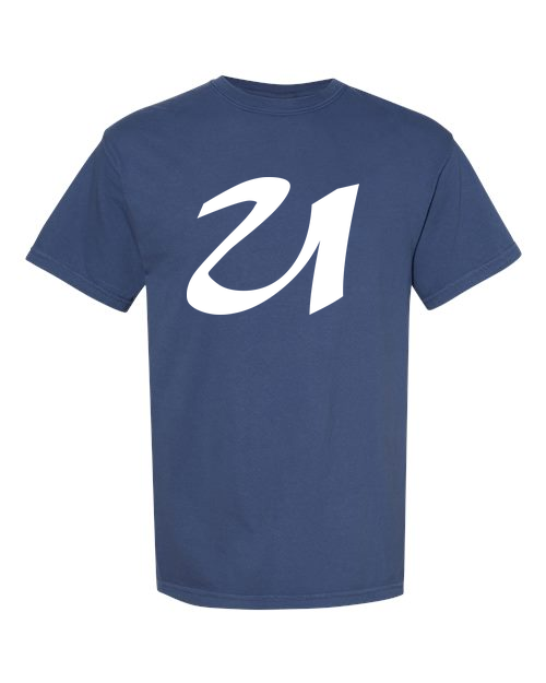 Alphabet U T-Shirt 9 inch calligraphy White ink, China Blue
