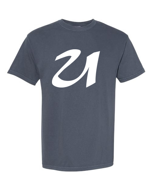 Alphabet U T-Shirt 9 inch calligraphy White ink, Denim
