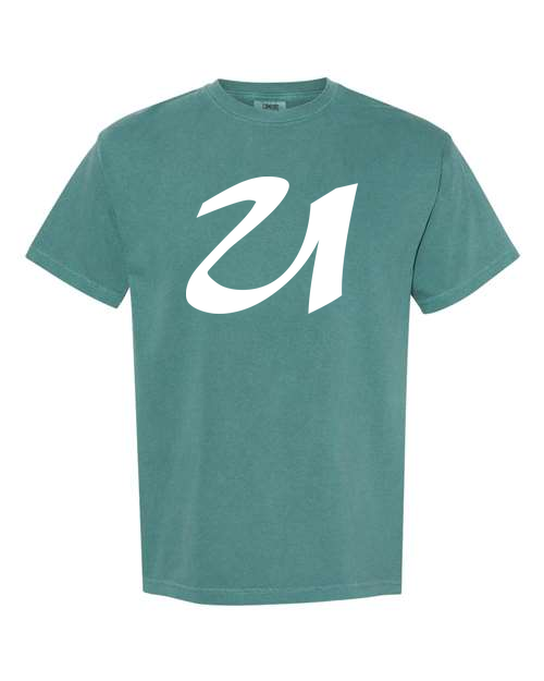 Alphabet U T-Shirt 9 inch calligraphy White ink, Emerald
