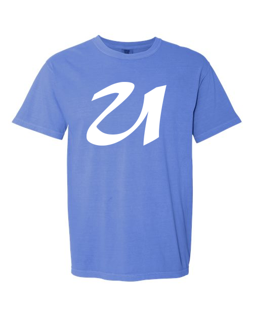 Alphabet U T-Shirt 9 inch calligraphy White ink, Flo Blue