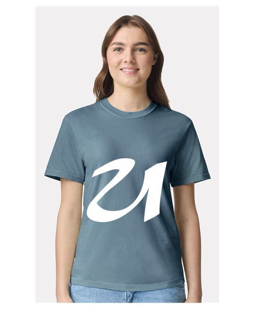 Alphabet U T-Shirt 9 inch calligraphy White ink, Ice Blue