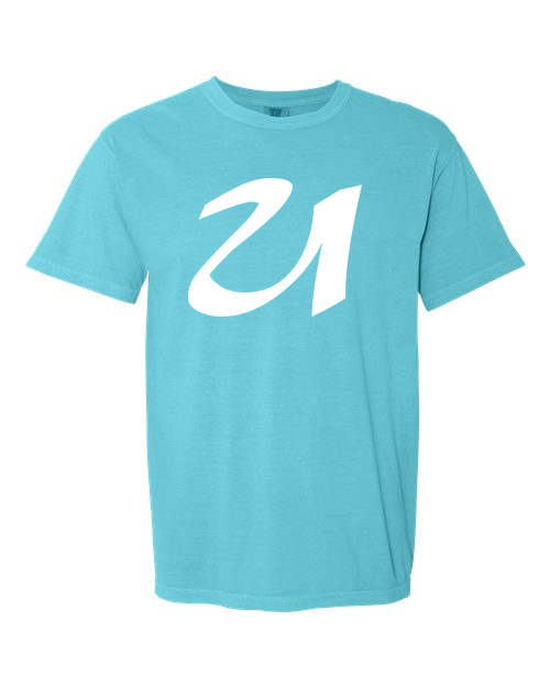 Alphabet U T-Shirt 9 inch calligraphy White ink, Lagoon