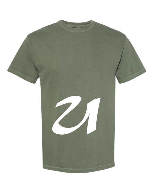 Alphabet U T-Shirt 9 inch calligraphy White ink, Moss