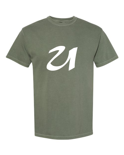 Alphabet U T-Shirt 9 inch calligraphy White ink, Moss