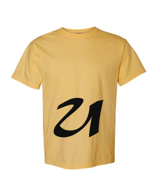 Alphabet U T-Shirt 9 inch calligraphy Black ink, Mustard