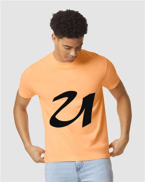 Alphabet U T-Shirt 9 inch calligraphy Black ink, Neon Cantaloupe