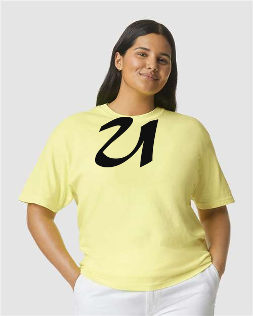 Alphabet U T-Shirt 9 inch calligraphy Black ink, Neon Lemon
