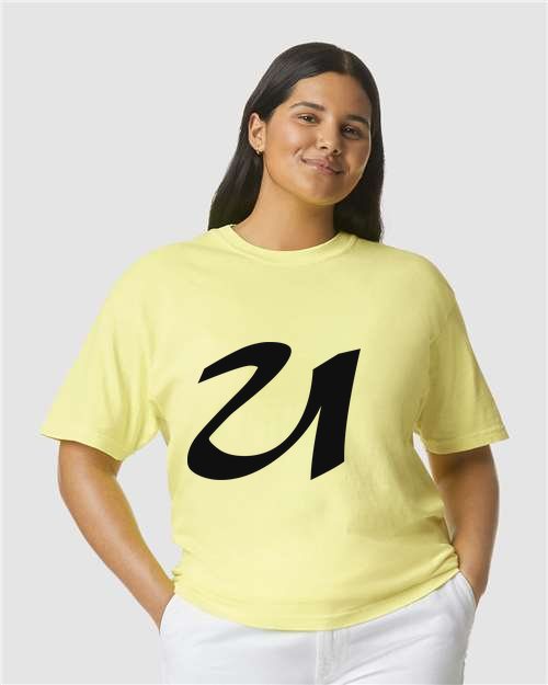 Alphabet U T-Shirt 9 inch calligraphy Black ink, Neon Lemon