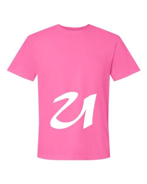Alphabet U T-Shirt 9 inch calligraphy White ink, Neon Pink