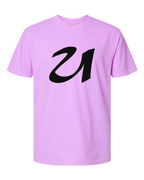Alphabet U T-Shirt 9 inch calligraphy Black ink, Neon Violet