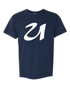 Alphabet U T-Shirt 9 inch calligraphy White ink, True Navy