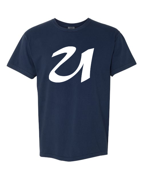 Alphabet U T-Shirt 9 inch calligraphy White ink, True Navy