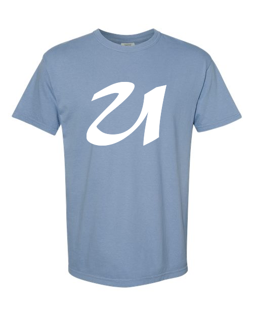 Alphabet U T-Shirt 9 inch calligraphy White ink, Washed Denim