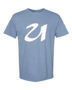 Alphabet U T-Shirt 9 inch calligraphy White ink, Washed Denim