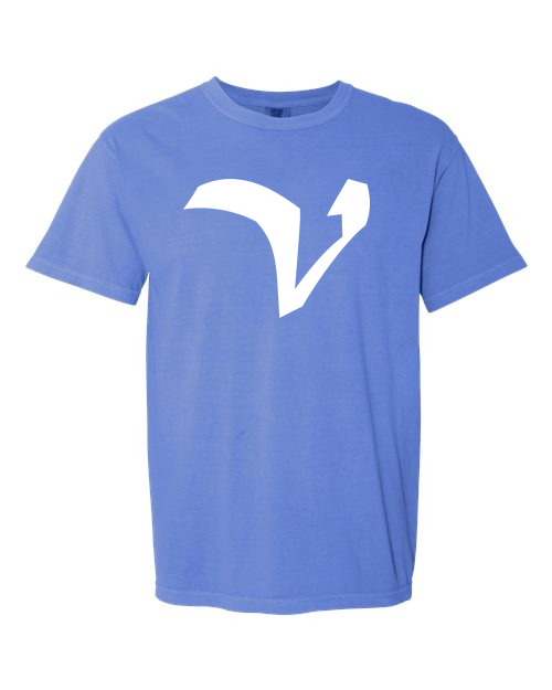 Alphabet V T-Shirt 9 inch calligraphy White ink, Flo Blue