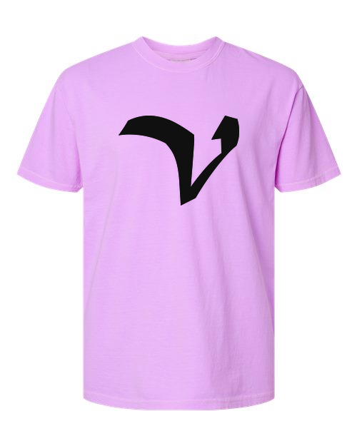 Alphabet V T-Shirt 9 inch calligraphy Black ink, Neon Violet
