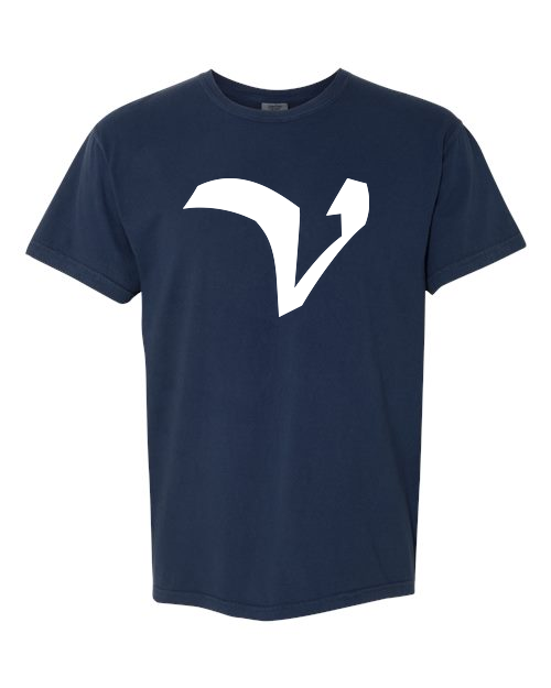 Alphabet V T-Shirt 9 inch calligraphy White ink, True Navy