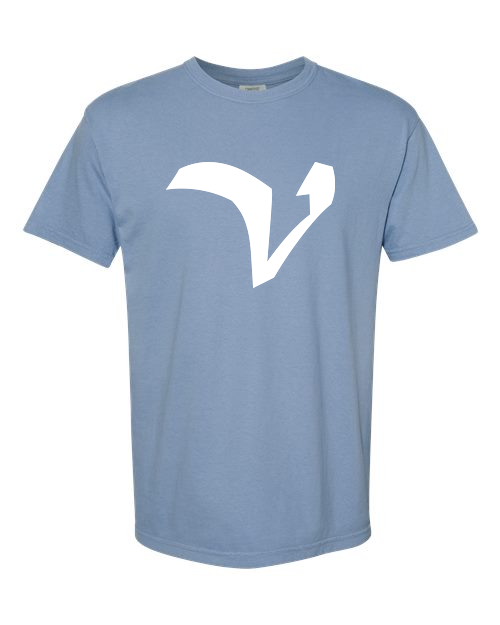 Alphabet V T-Shirt 9 inch calligraphy White ink, Washed Denim