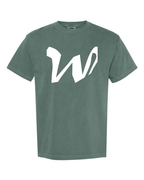 Alphabet W T-Shirt 9 inch calligraphy White ink, Blue Spruce