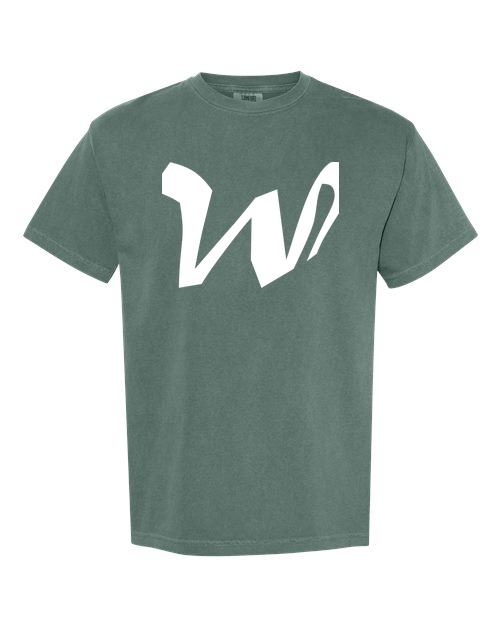 Alphabet W T-Shirt 9 inch calligraphy White ink, Blue Spruce