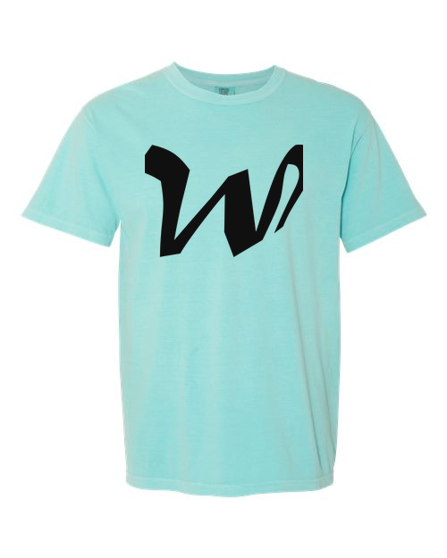 Alphabet W T-Shirt 9 inch calligraphy Black ink, Chalky Mint