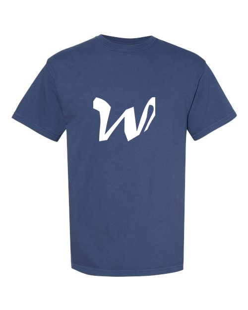 Alphabet W T-Shirt 9 inch calligraphy White ink, China Blue