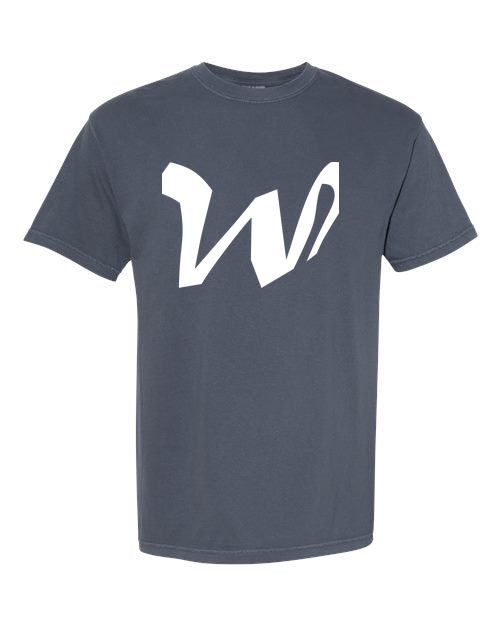 Alphabet W T-Shirt 9 inch calligraphy White ink, Denim