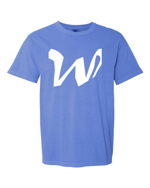 Alphabet W T-Shirt 9 inch calligraphy White ink, Flo Blue