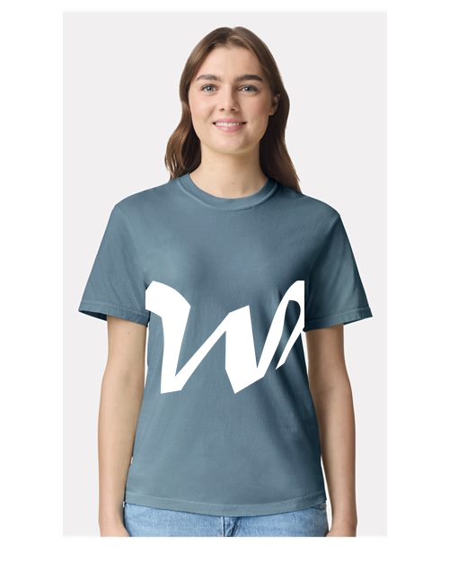 Alphabet W T-Shirt 9 inch calligraphy White ink, Ice Blue
