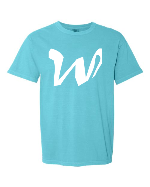 Alphabet W T-Shirt 9 inch calligraphy White ink, Lagoon